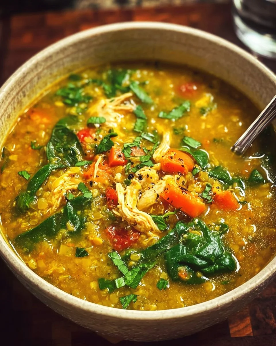 Delicious curried chicken soup with lentils, rice, and spinach in a bowl