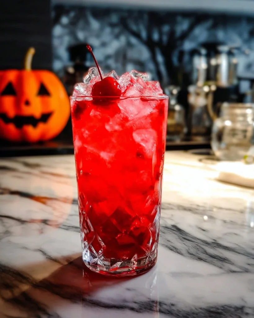 Delicious Deadpool mocktail with vibrant red color and garnishes.