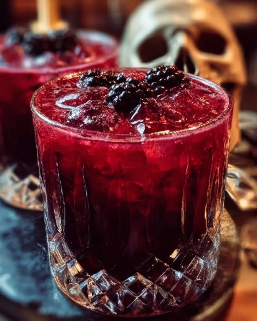 Dracula's Punch mocktail in a spooky glass, garnished with bat-shaped fruit.