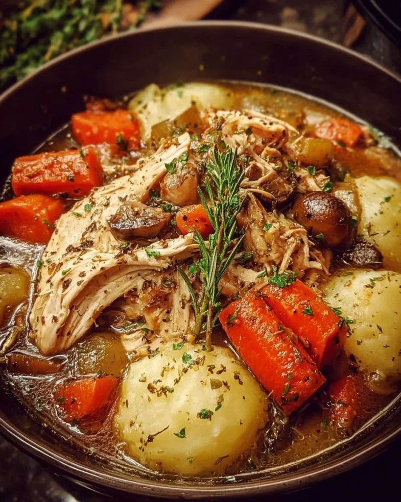 Delicious easy slow cooker chicken pot roast with vegetables and herbs.