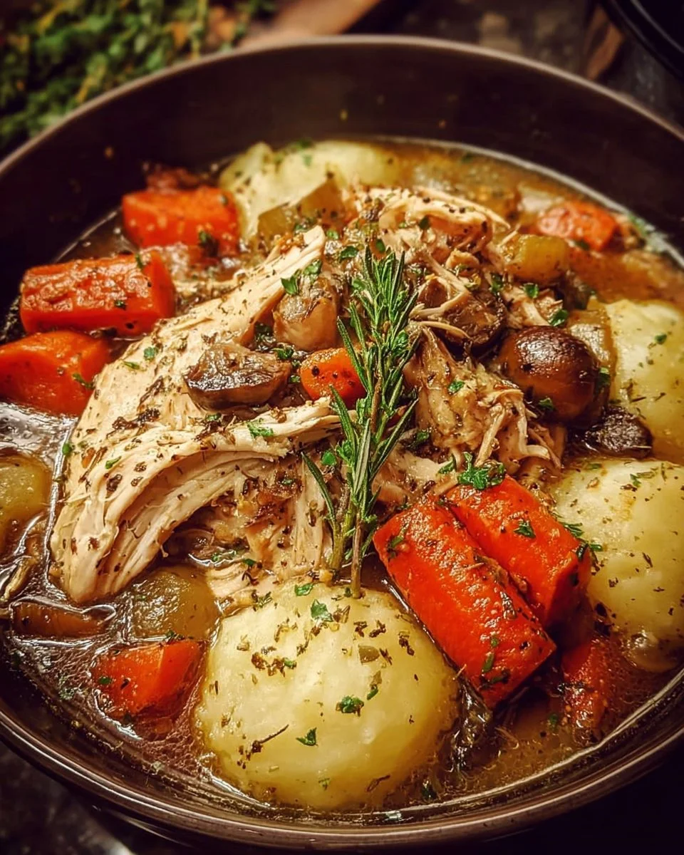 Delicious easy slow cooker chicken pot roast with vegetables and herbs.