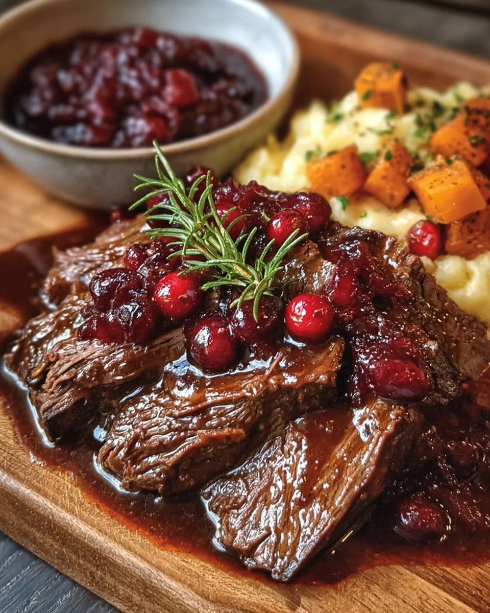 Delicious fall-apart balsamic beef with cranberry glaze on a serving platter.