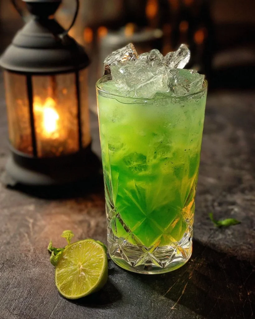 Frankenstein Mocktail with vibrant colors and spooky decorations for Halloween