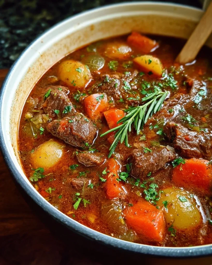 Delicious hearty beef and vegetable stew in a rustic bowl