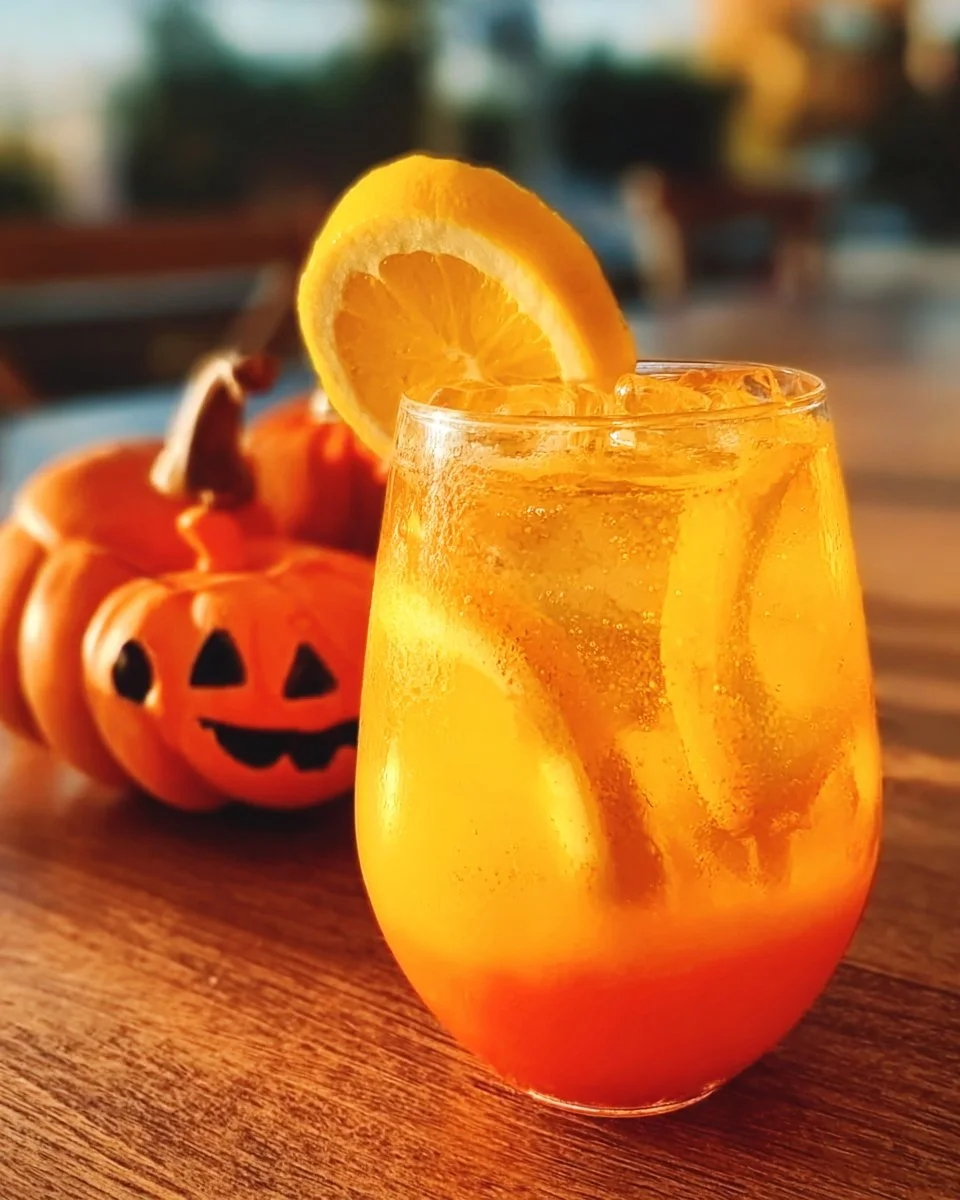 Colorful Jack-O'-Lantern Spritz mocktail in a festive glass for Halloween.