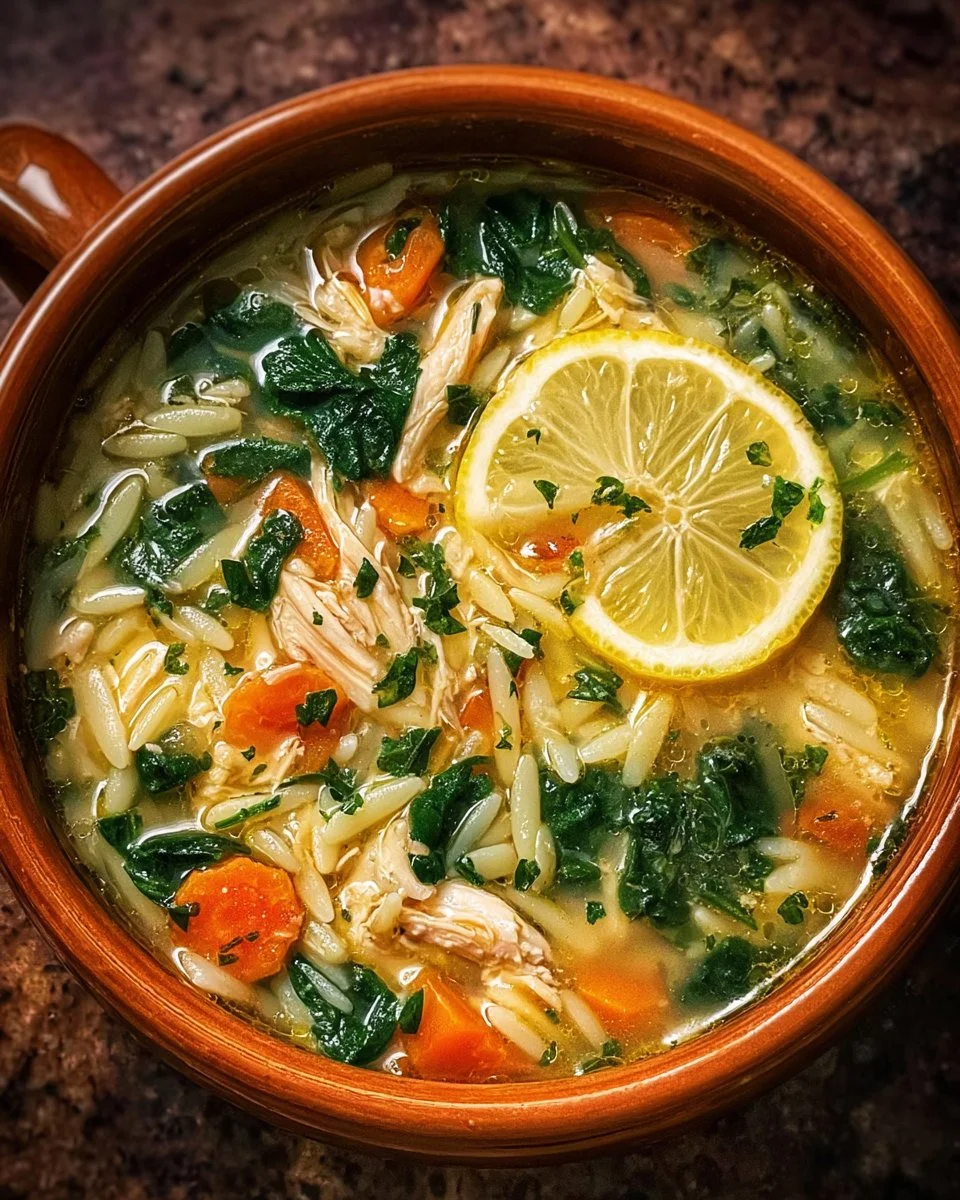 Bowl of Lemon Chicken Orzo Soup with Spinach topped with fresh herbs