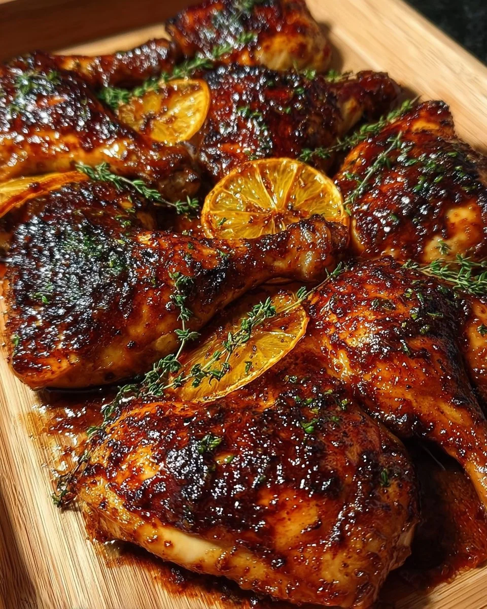 Maple Orange Glazed Chicken Quarters plated with vegetables