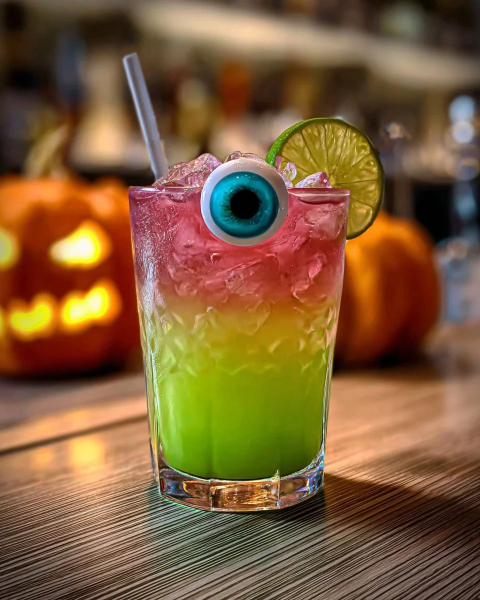 Colorful Monsters Inc. mocktail served in a fun glass with movie-themed decorations.