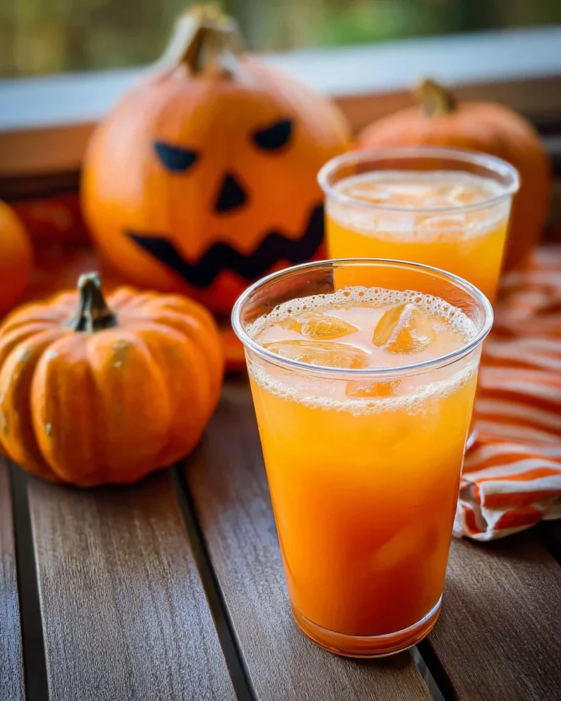 Orange Fizz Halloween mocktail in a spooky Halloween-themed glass.