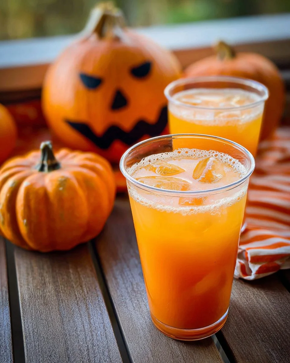 Orange Fizz Halloween mocktail in a spooky Halloween-themed glass.