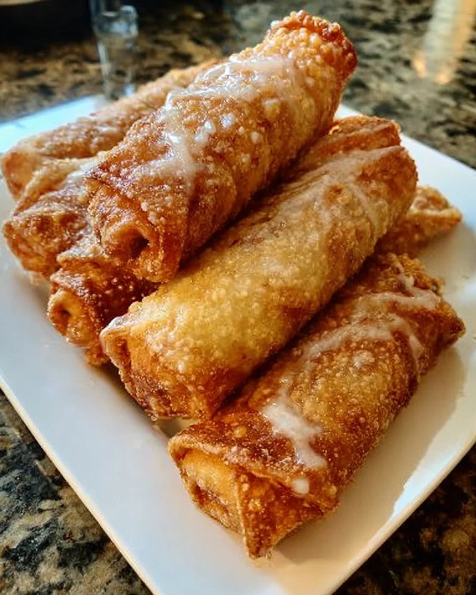 Peach cobbler egg rolls served on a plate with a scoop of ice cream