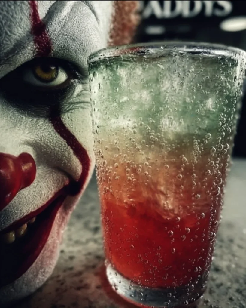 A colorful glass of Pennywise Punch served at a Halloween party.