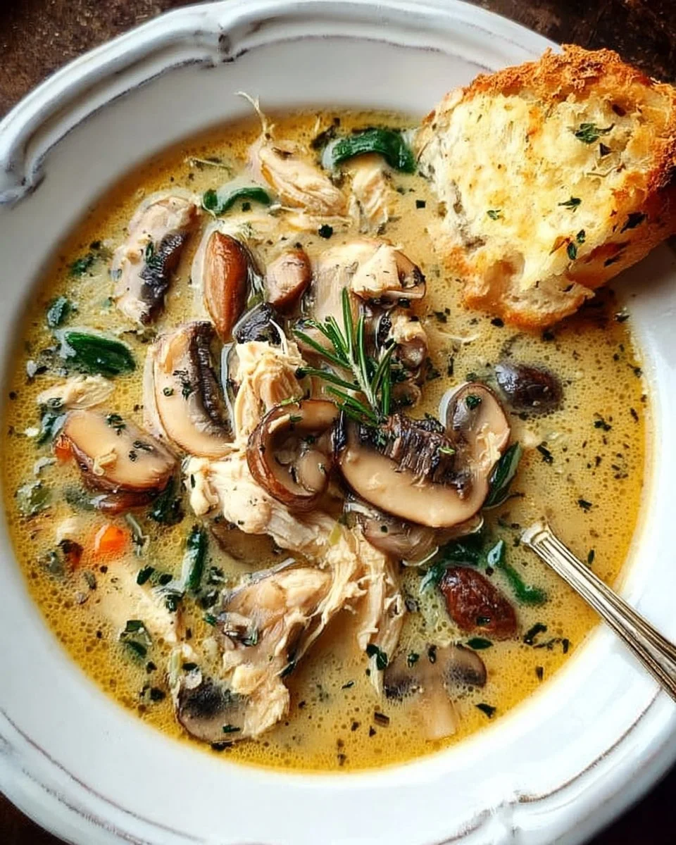 Bowl of creamy rotisserie chicken mushroom soup topped with fresh herbs
