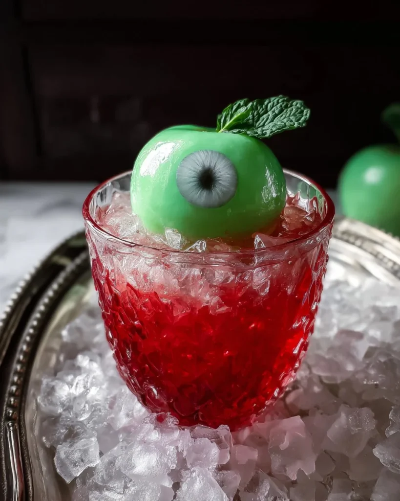 Snow White's Poison Apple mocktail in a glass garnished with apple slices and berries