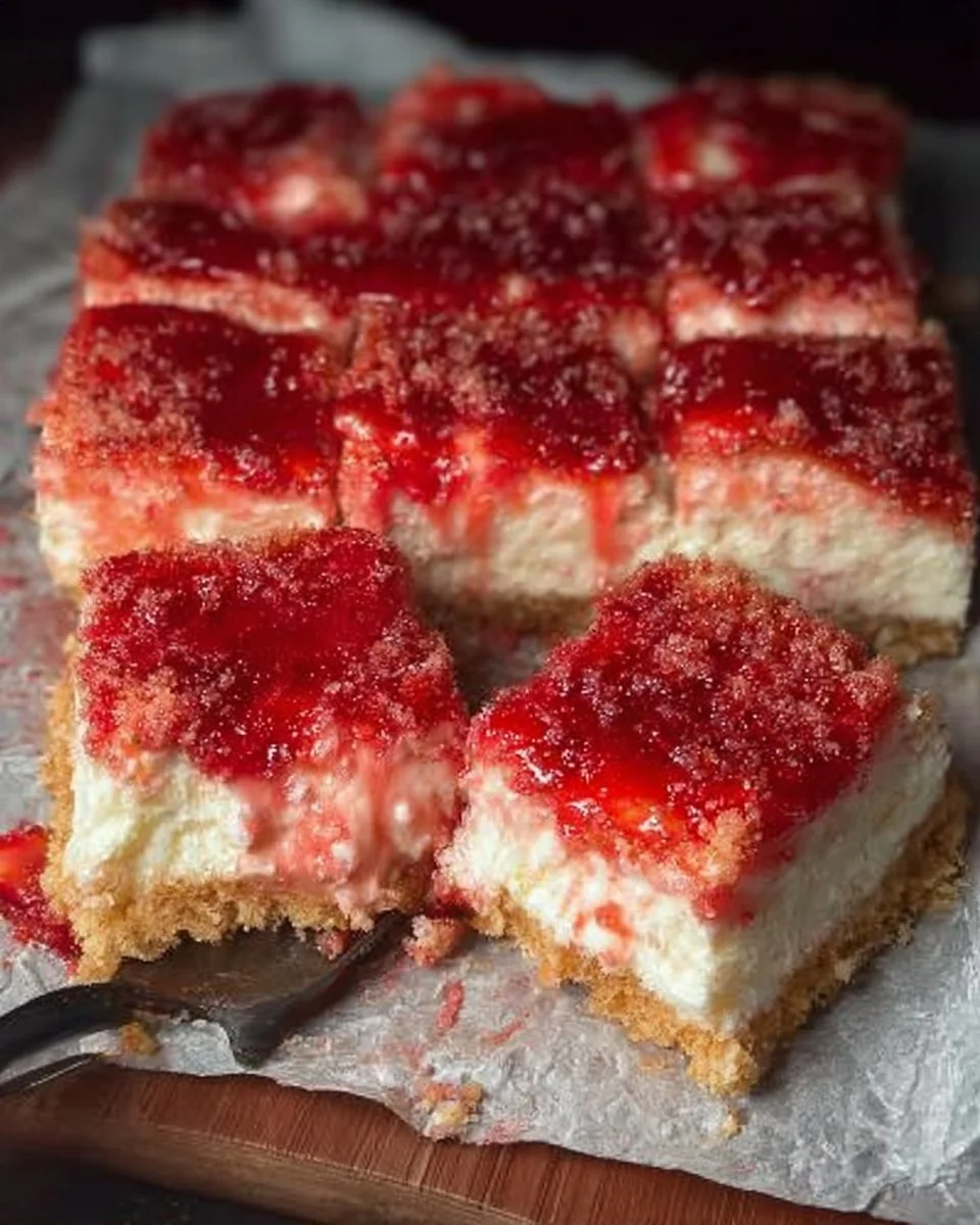 Strawberry Shortcake Cheesecake Bars topped with fresh strawberries and whipped cream