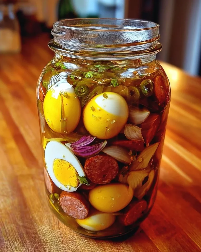 Tangy pickled eggs with sausage and onions served in a bowl