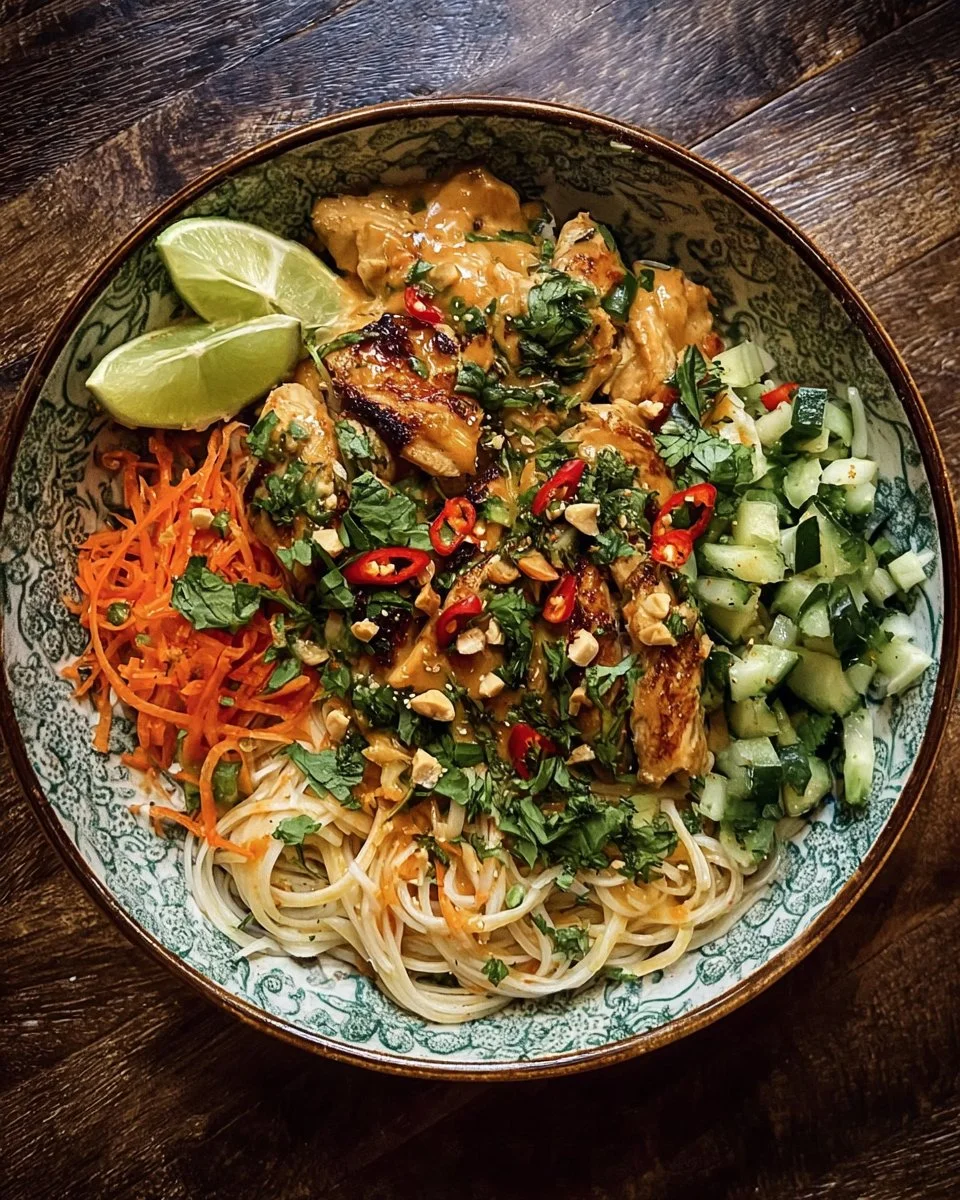 Thai Peanut Chicken Noodle Bowl with fresh vegetables and peanuts