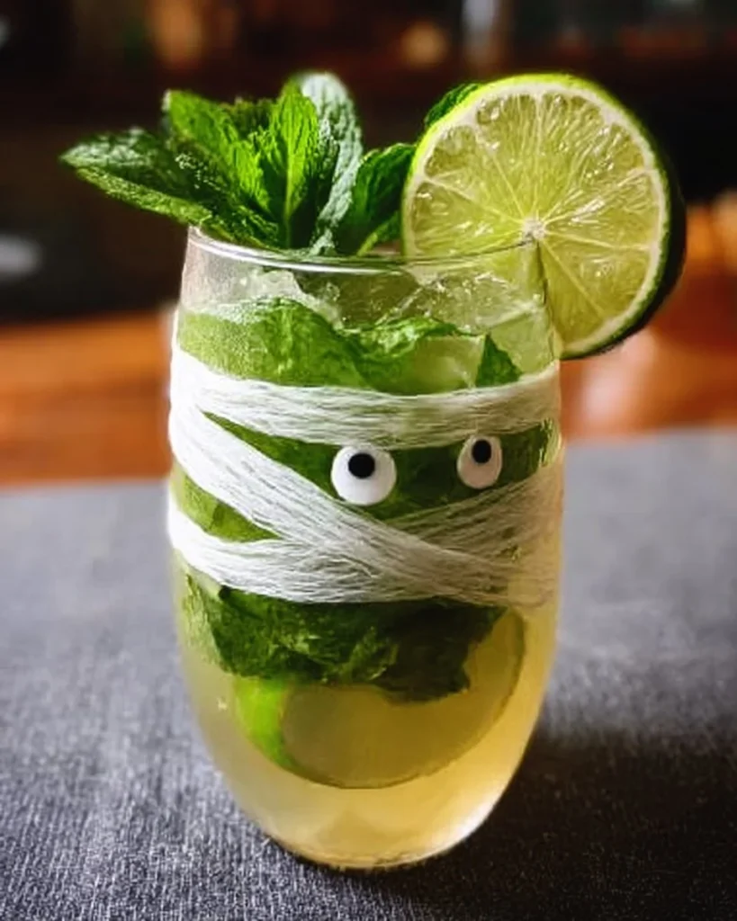 Mummy Mojito cocktail with mint, lime, and spooky decorations