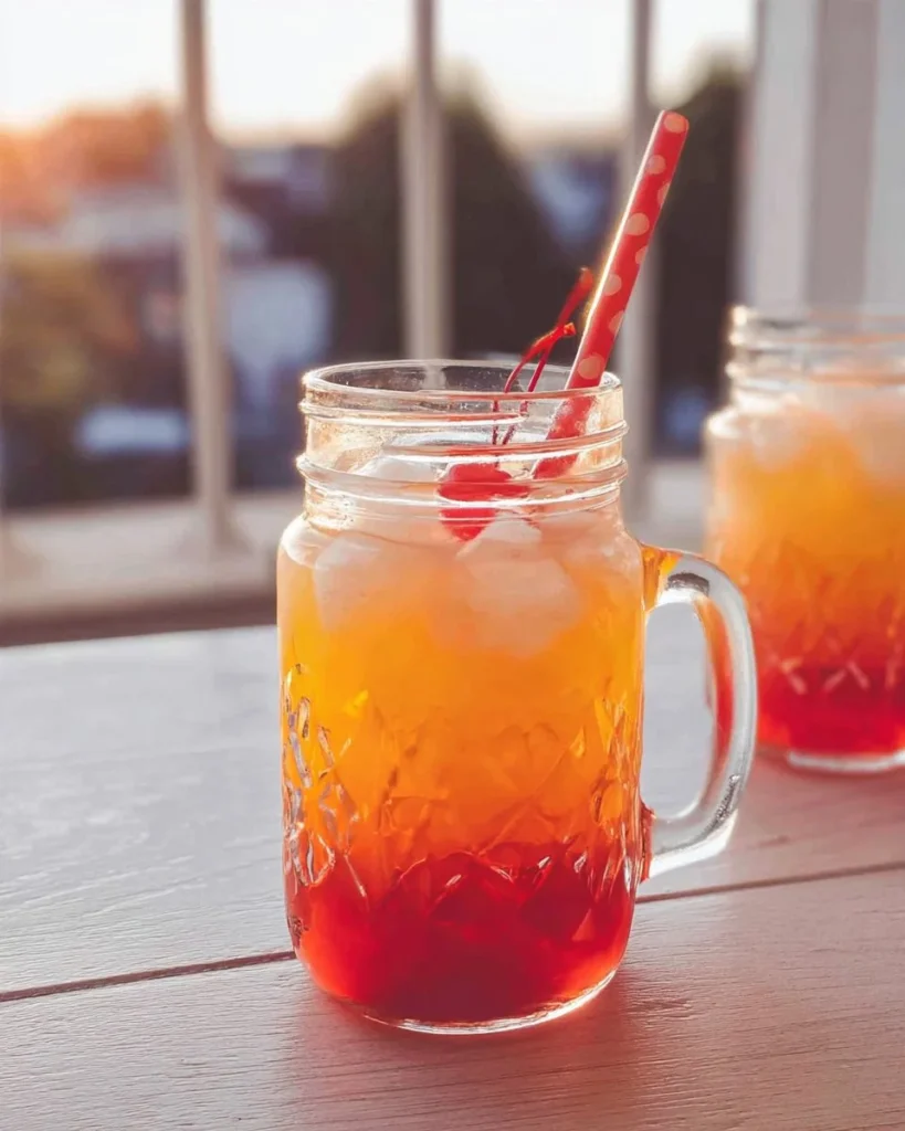 Refreshing Transylvania Sunrise mocktail served in a glass with colorful ingredients.