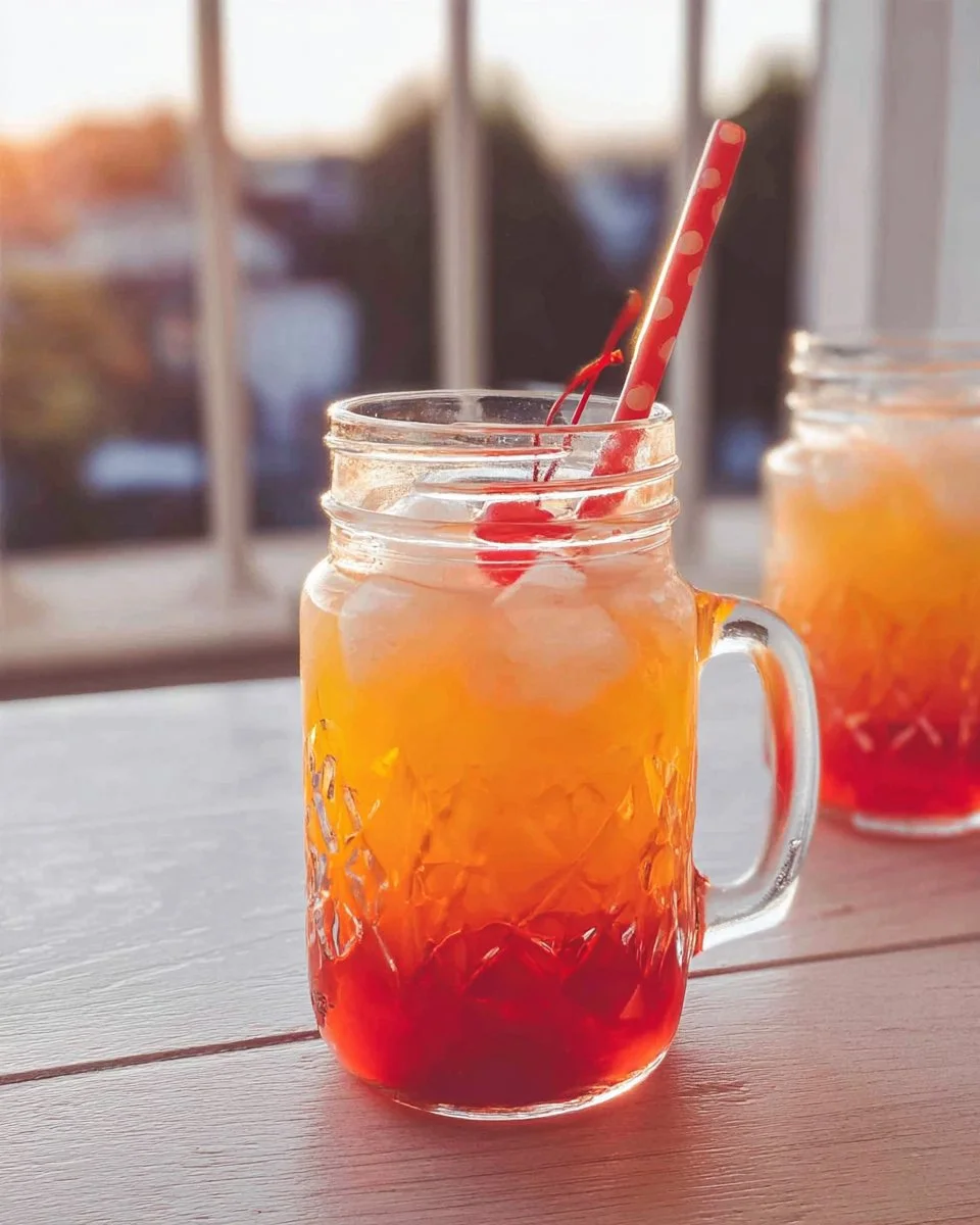 Refreshing Transylvania Sunrise mocktail served in a glass with colorful ingredients.