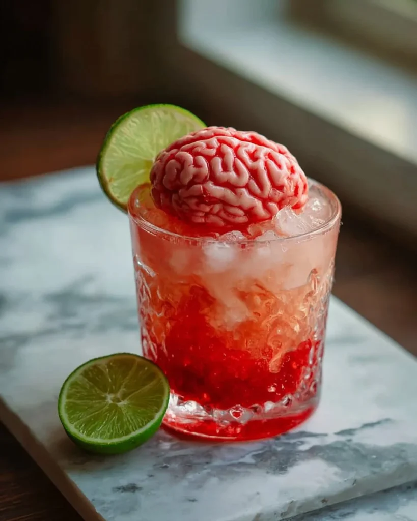 Spooky Zombie Brains mocktail garnished with gummy worms and green fog.