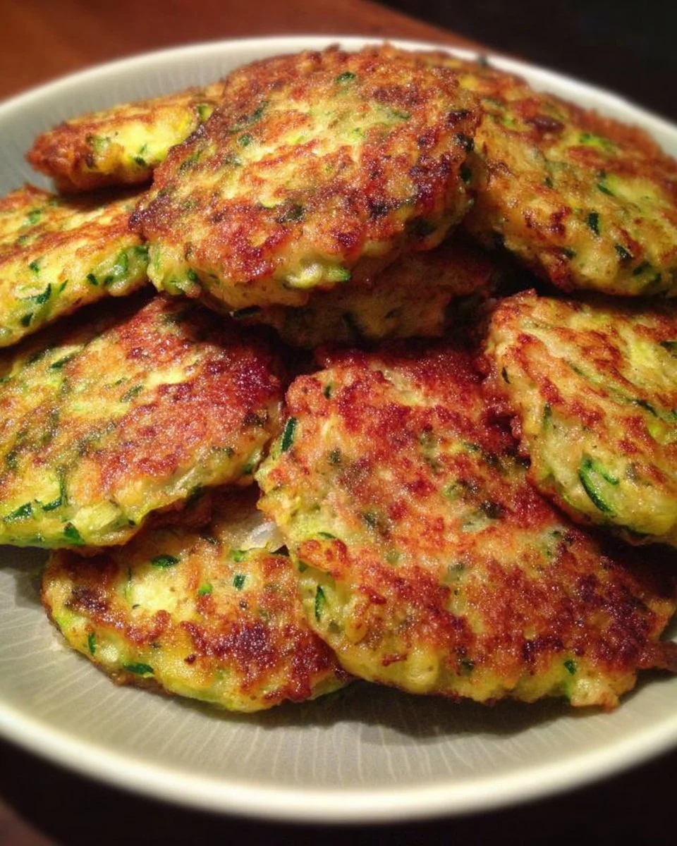 Plate of golden-brown zucchini patties garnished with herbs.