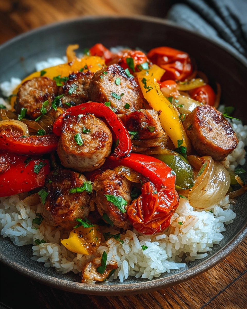 Sausage, Onion, Bell Peppers & Tomatoes Over Rice