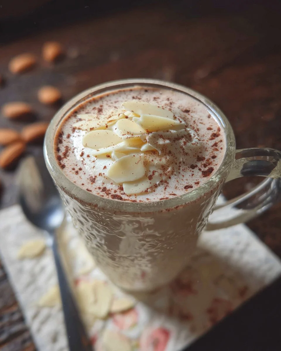 A cozy mug of Almond Hot Chocolate topped with whipped cream and almonds