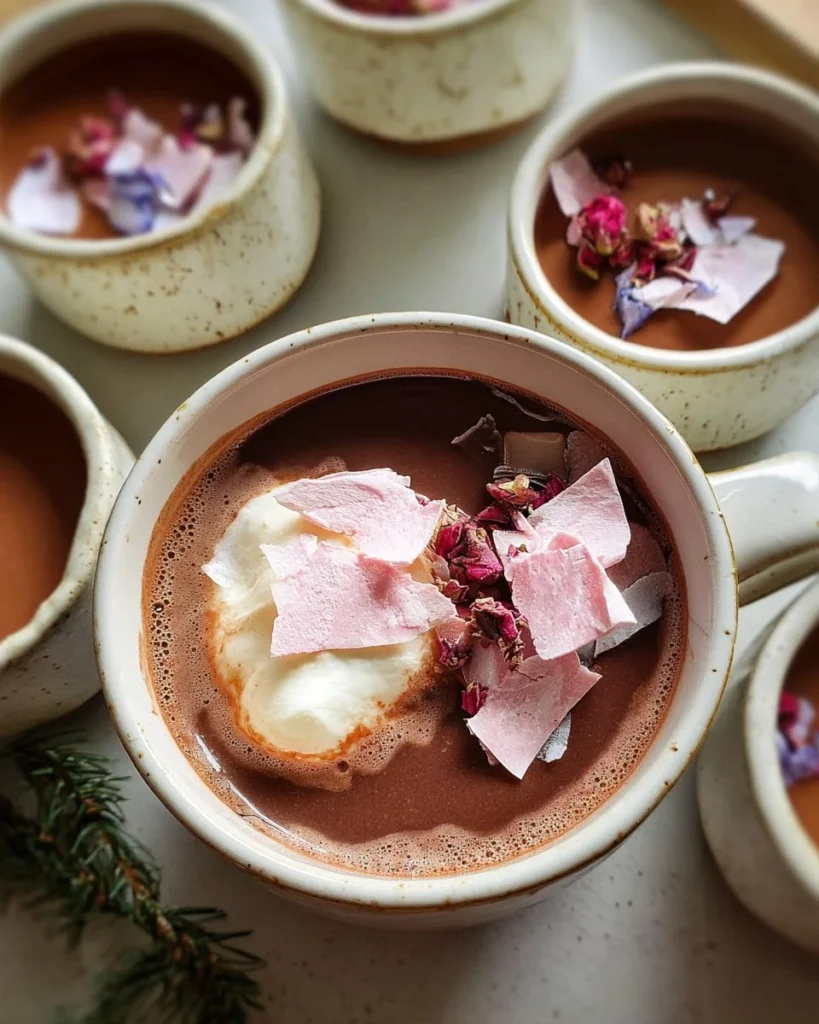 Cup of Almond Hot Chocolate with Cranberry Meringue Shards on top