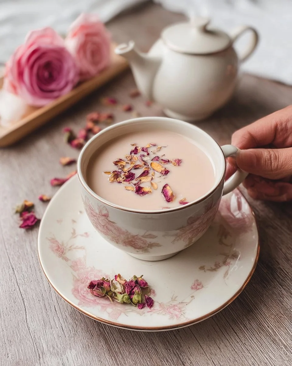 Cup of Almond Rose Milk Tea with almond and rose petals garnish