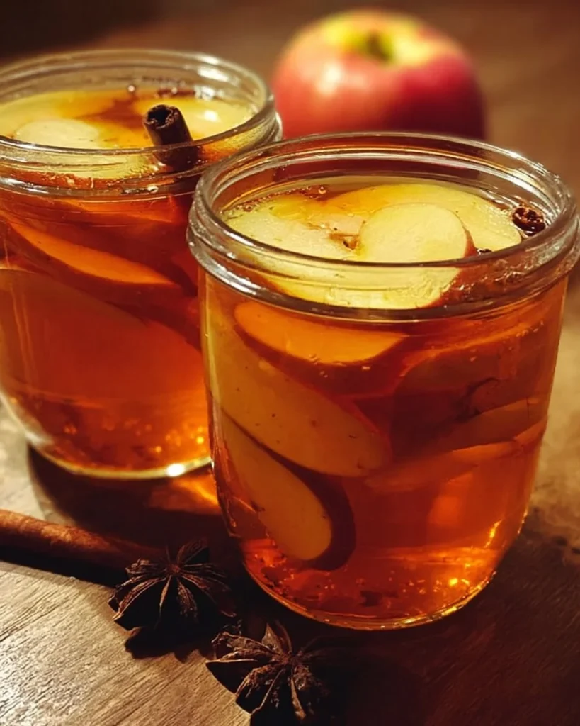 A cup of apple cinnamon tea with apples and cinnamon sticks
