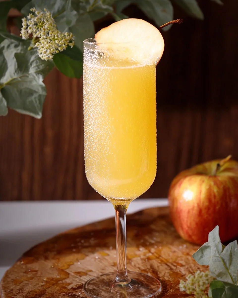 Delicious Apple Mimosa mocktail served in a glass with apple slices and bubbles