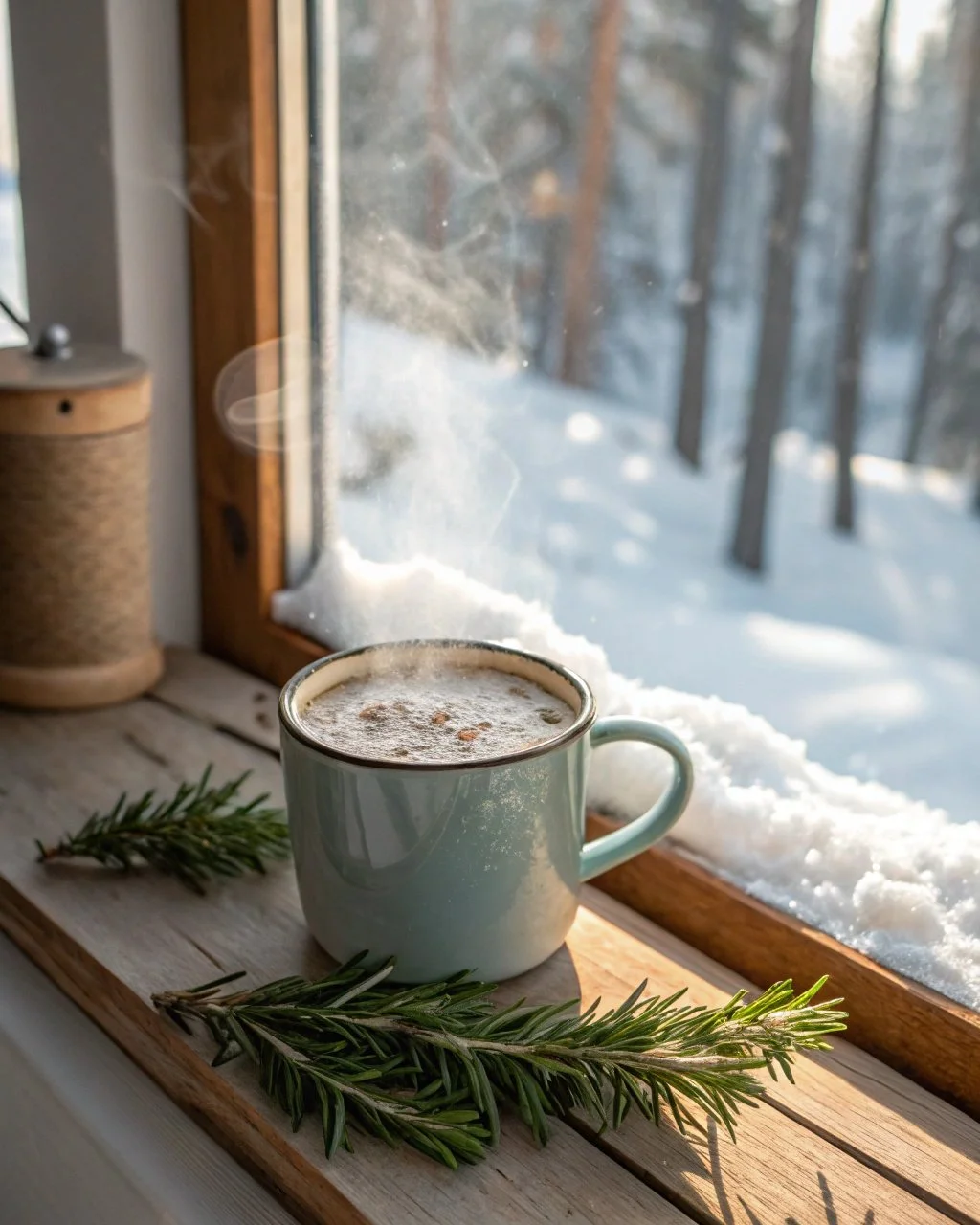A beautifully crafted Arctic Pine Latte topped with evergreen-inspired decor.