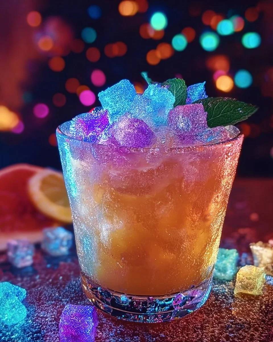A colorful bowl of Aurora Crystal Frost Punch served with ice and garnishes