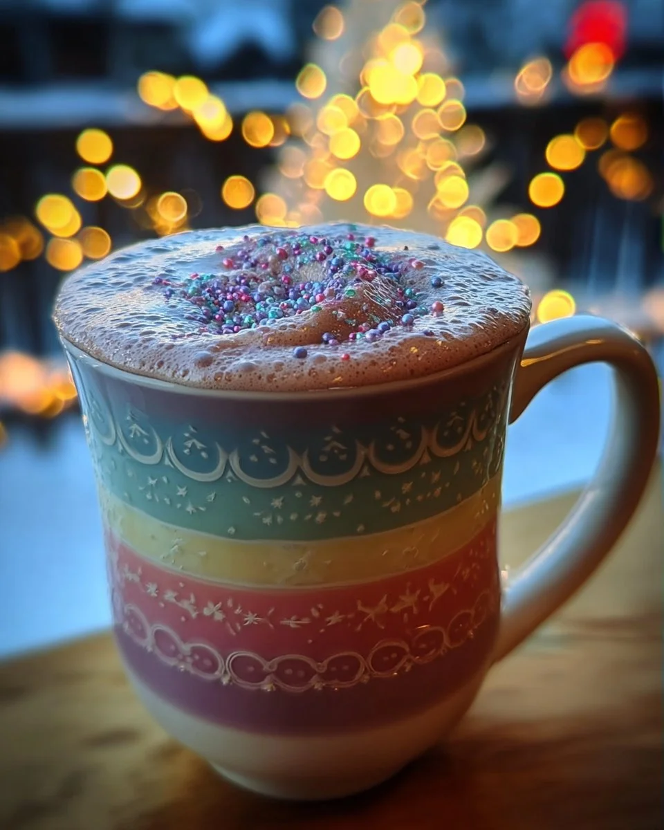 A steaming cup of Aurora Glow Christmas Cocoa surrounded by festive decorations.