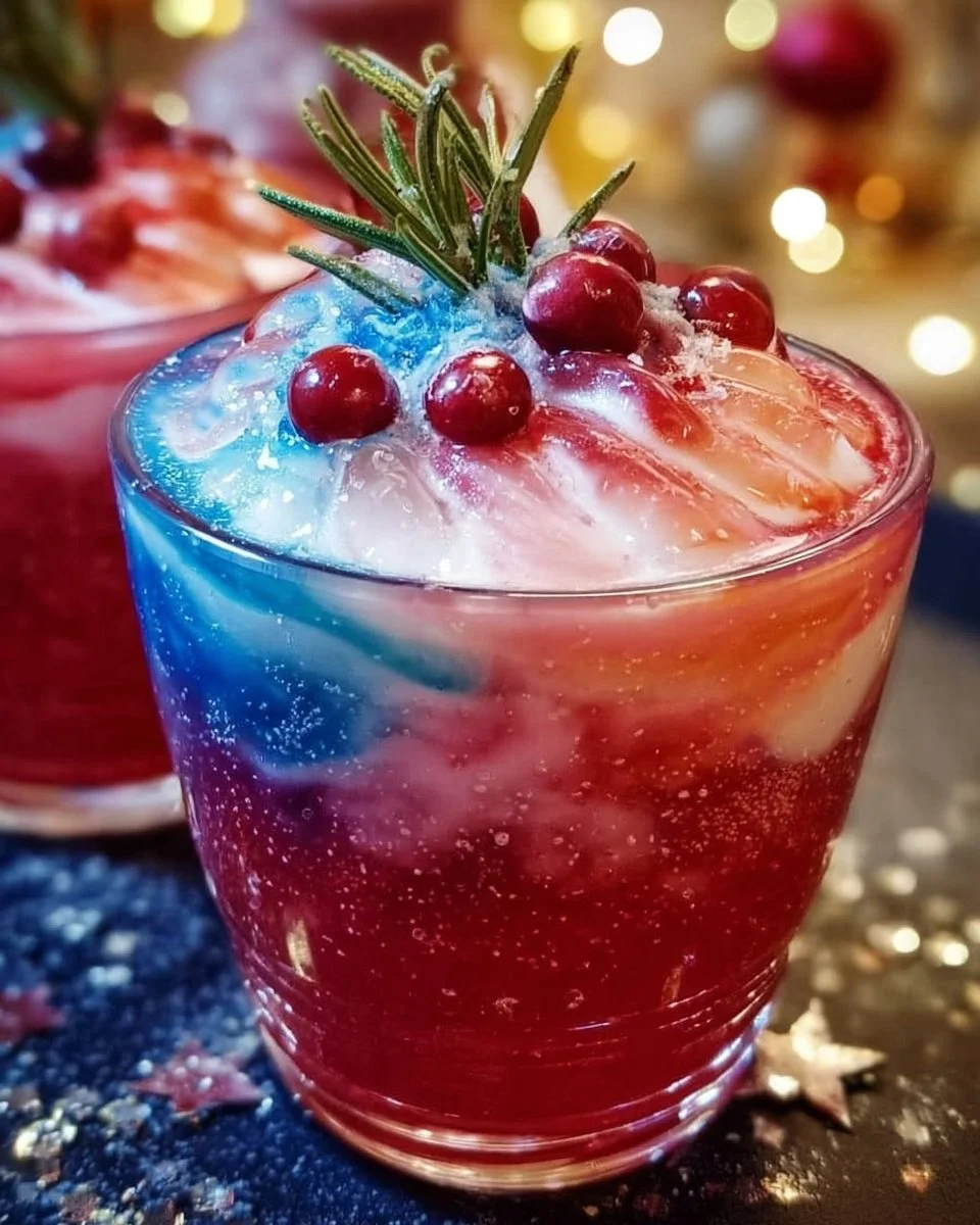 Festive Aurora Ice Christmas Punch in a glass with winter decorations