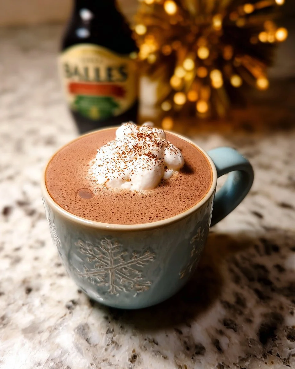 Delicious Bailey's hot chocolate topped with whipped cream and chocolate shavings.