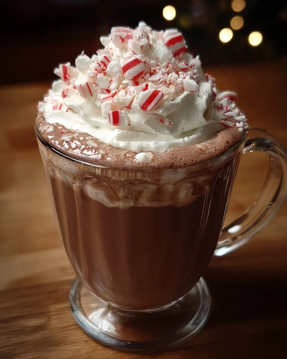 A cup of Baileys peppermint hot chocolate topped with whipped cream and peppermint sticks.