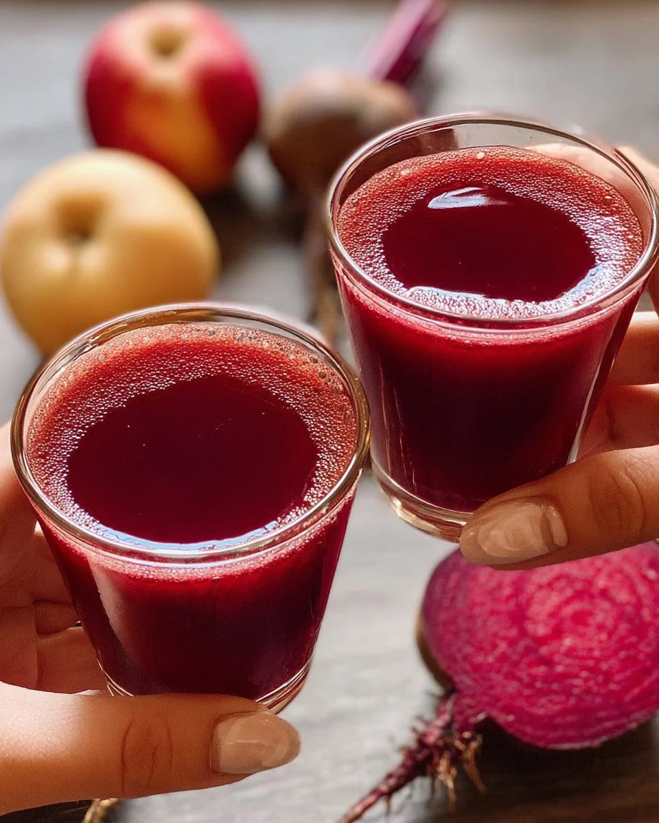Beet-Apple wellness shot, a nutritious drink for enhanced health and wellness.