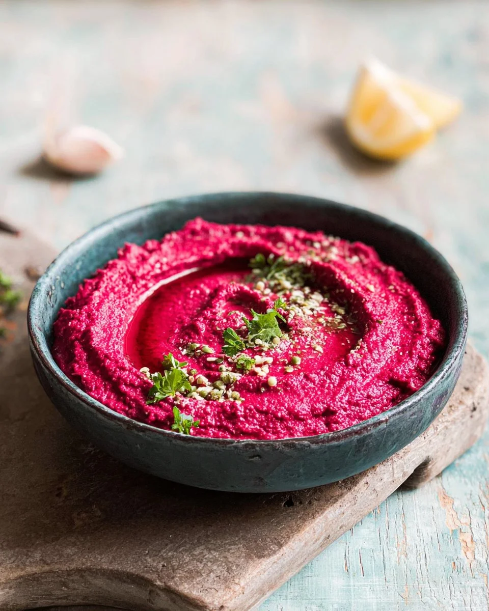 Bright pink beet hummus in a bowl, garnished with herbs and served with pita.