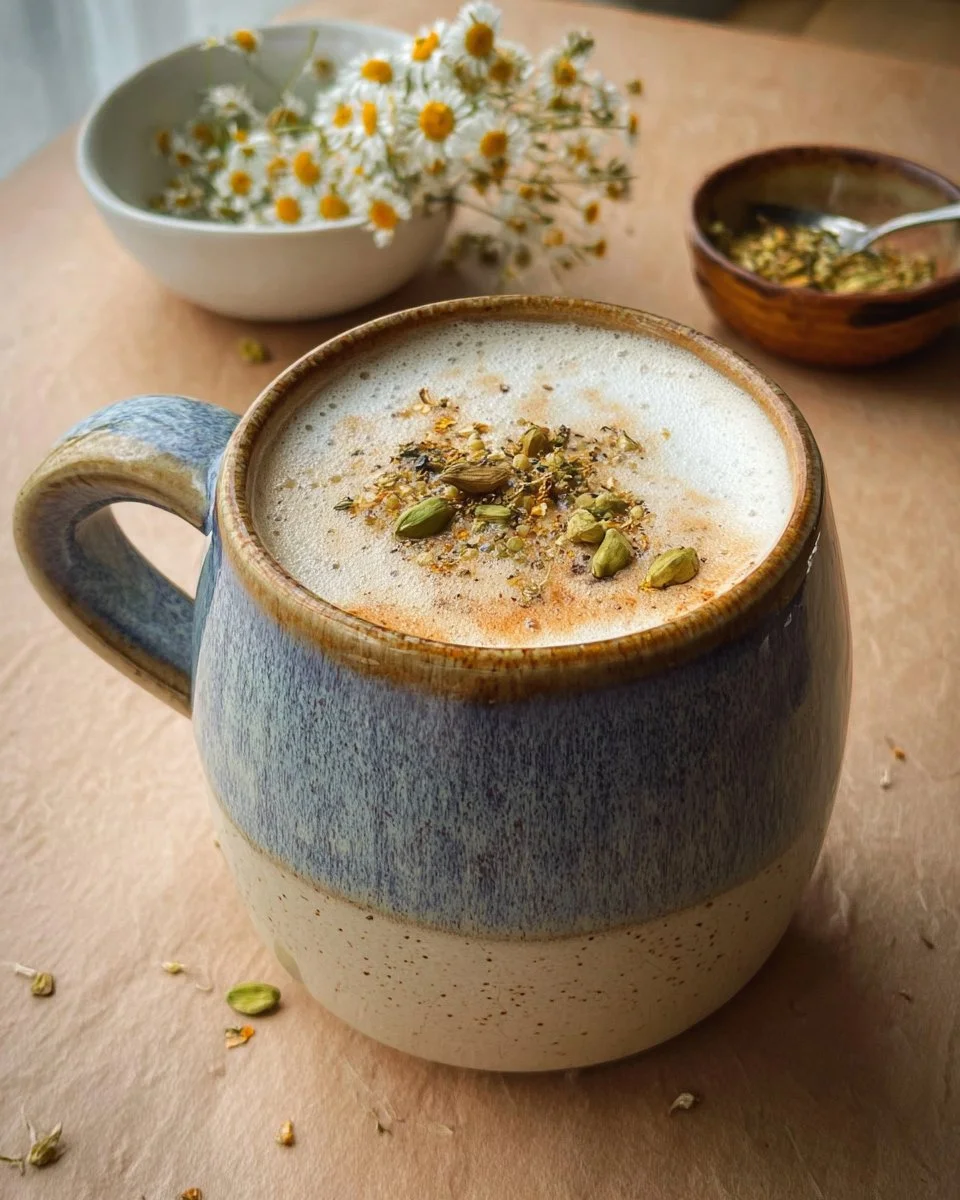 Bergamot Chamomile Latte served in a cozy cup with hints of citrus and floral aroma.