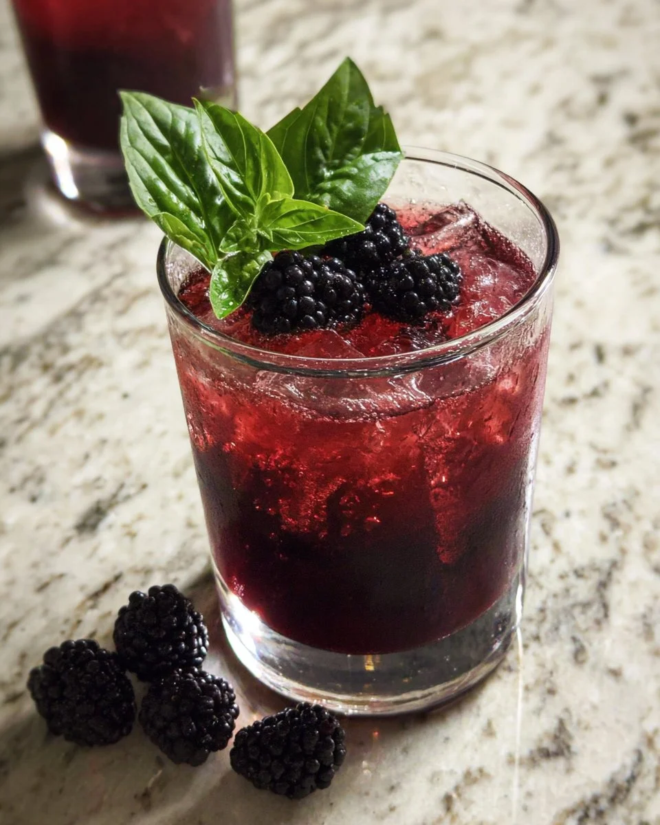 Delicious blackberry basil mocktail garnished with fresh basil leaves.