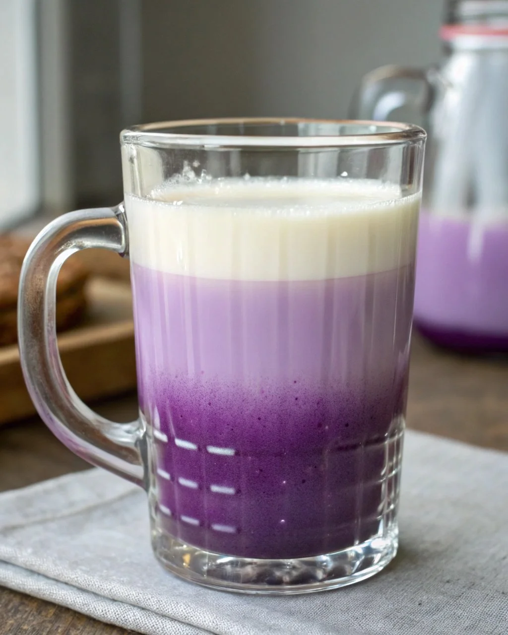 A refreshing blackberry butterfly pea fog drink with vibrant blue color and blackberries.