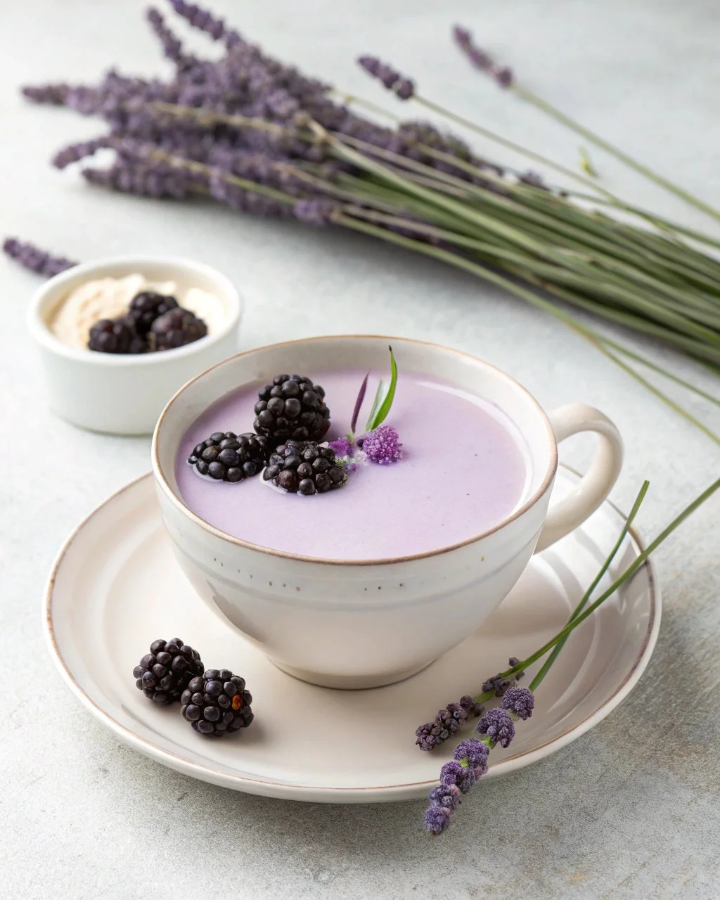 Blackberry Lavender Fog drink with berries and lavender sprigs