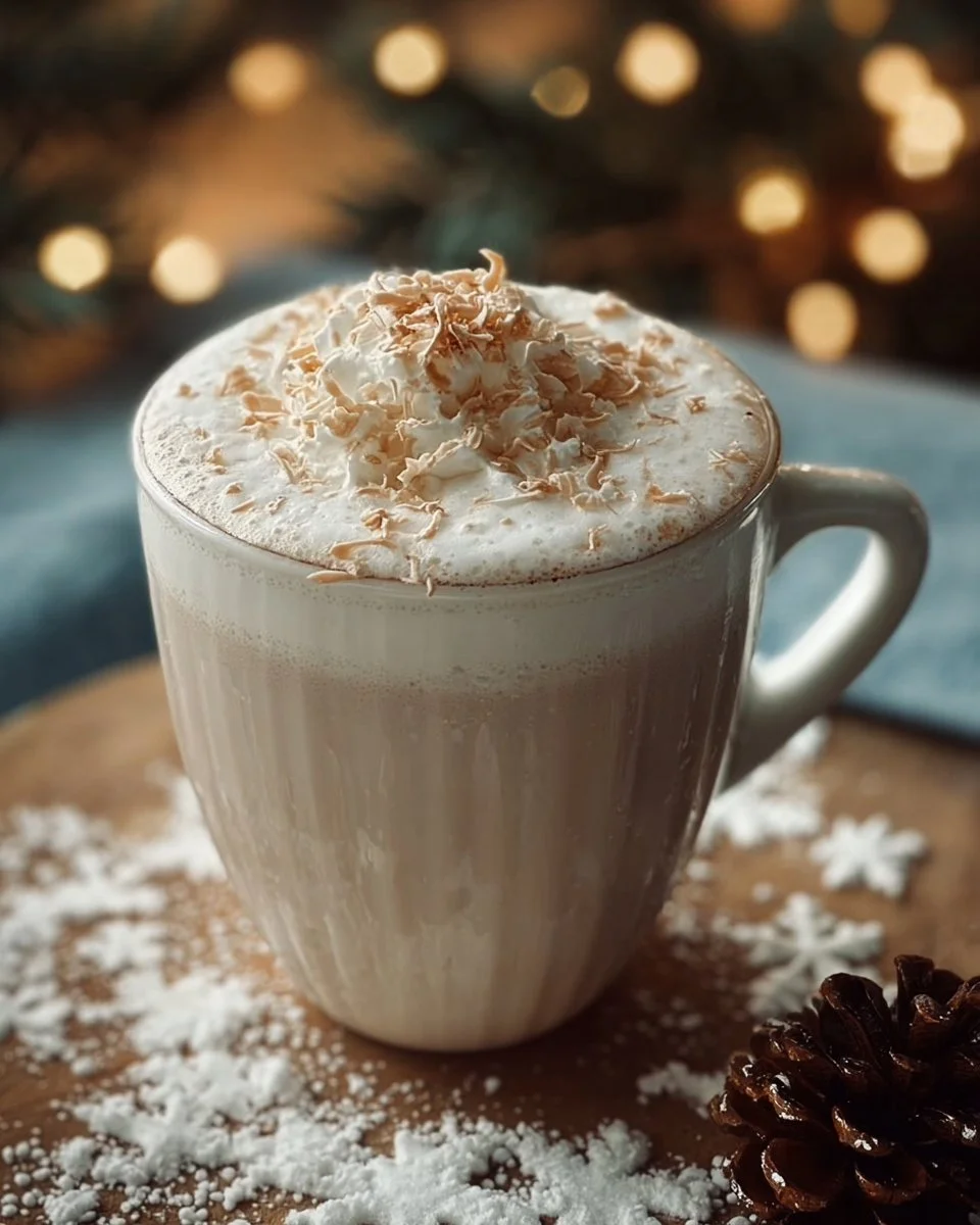 Delicious Blizzard White Christmas Cocoa topped with whipped cream and chocolate shavings