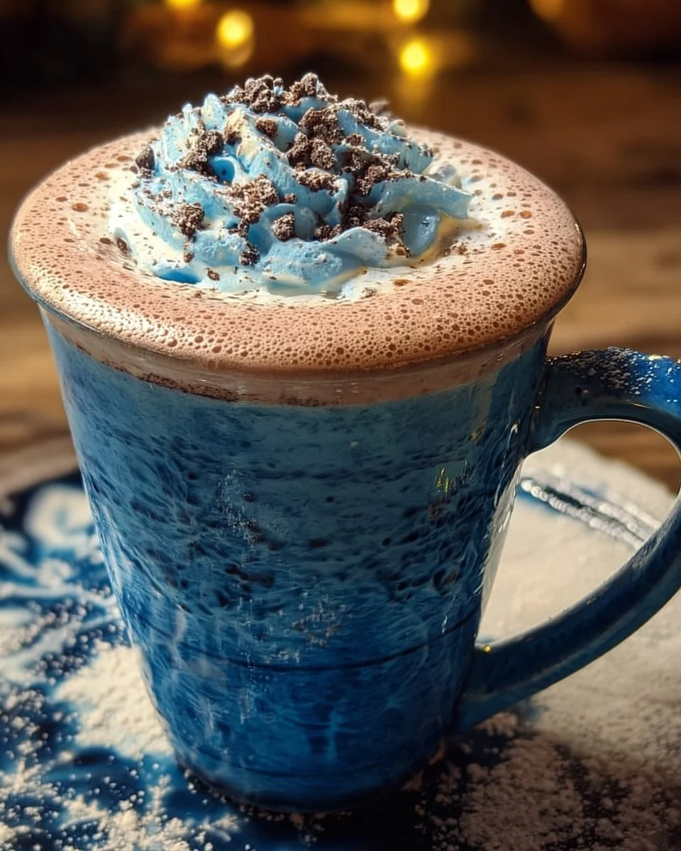Blue Frost Winter Cocoa served in a mug with snowflakes decor