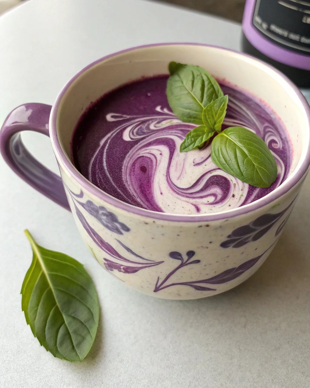 Delicious Blueberry Basil Latte topped with fresh blueberries and basil leaves