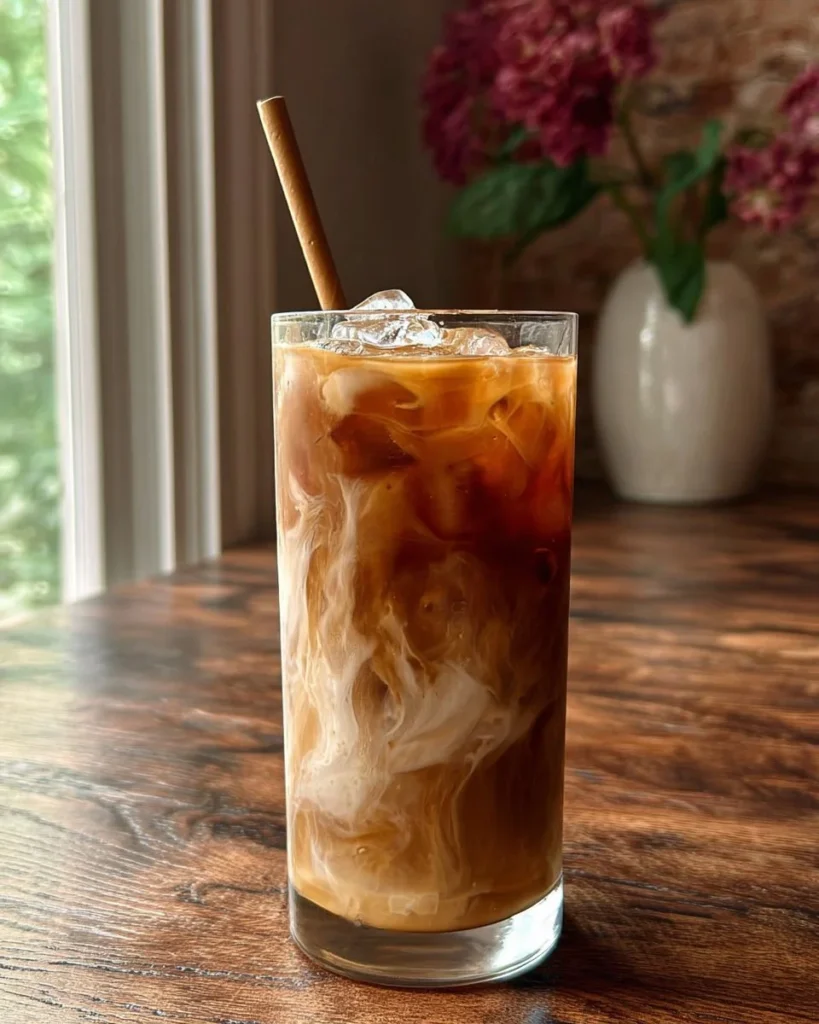 Delicious Bourbon Vanilla Iced Latte served in a tall glass with ice and cream.