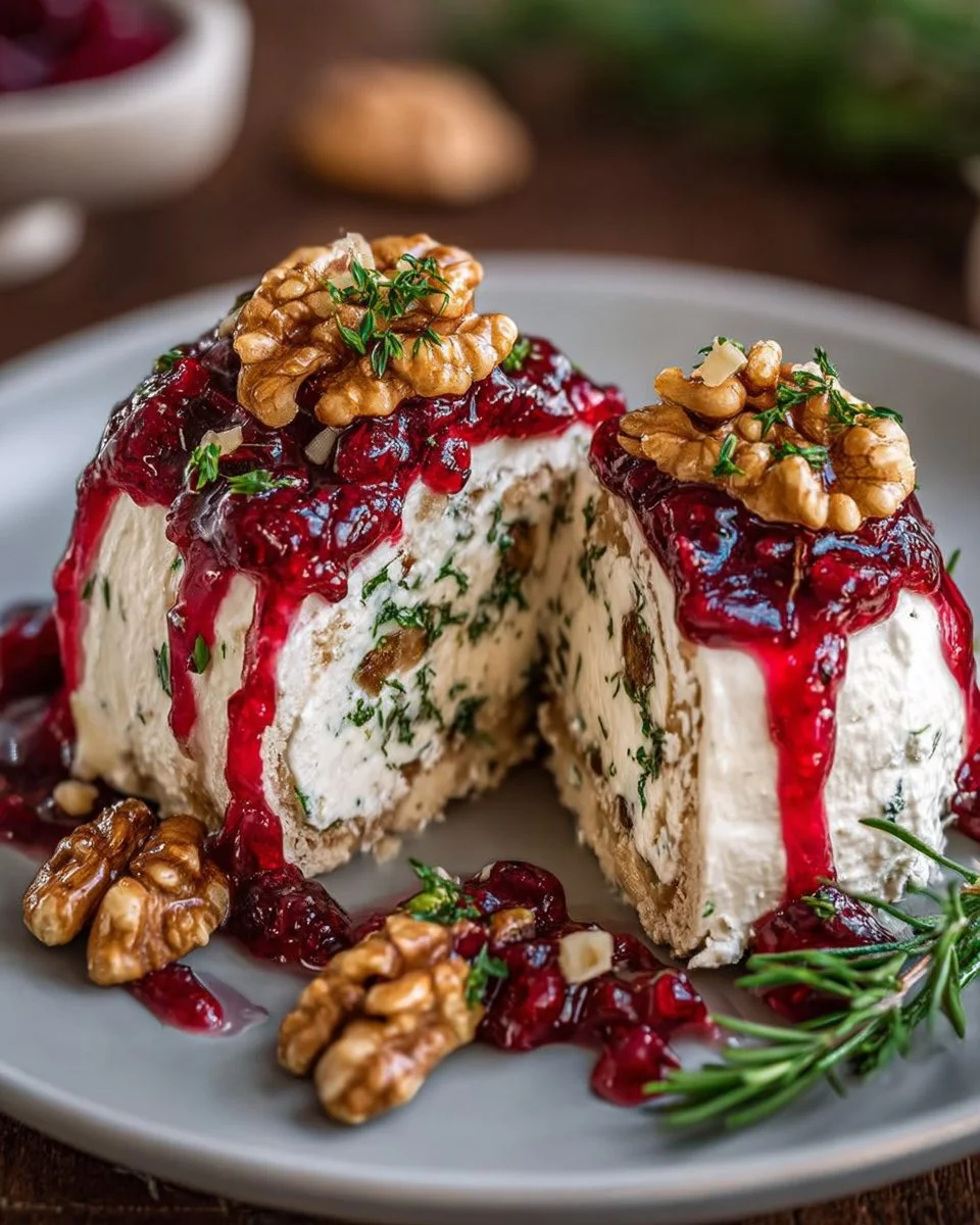 Boursin cheese log with cranberry walnut glaze on a platter