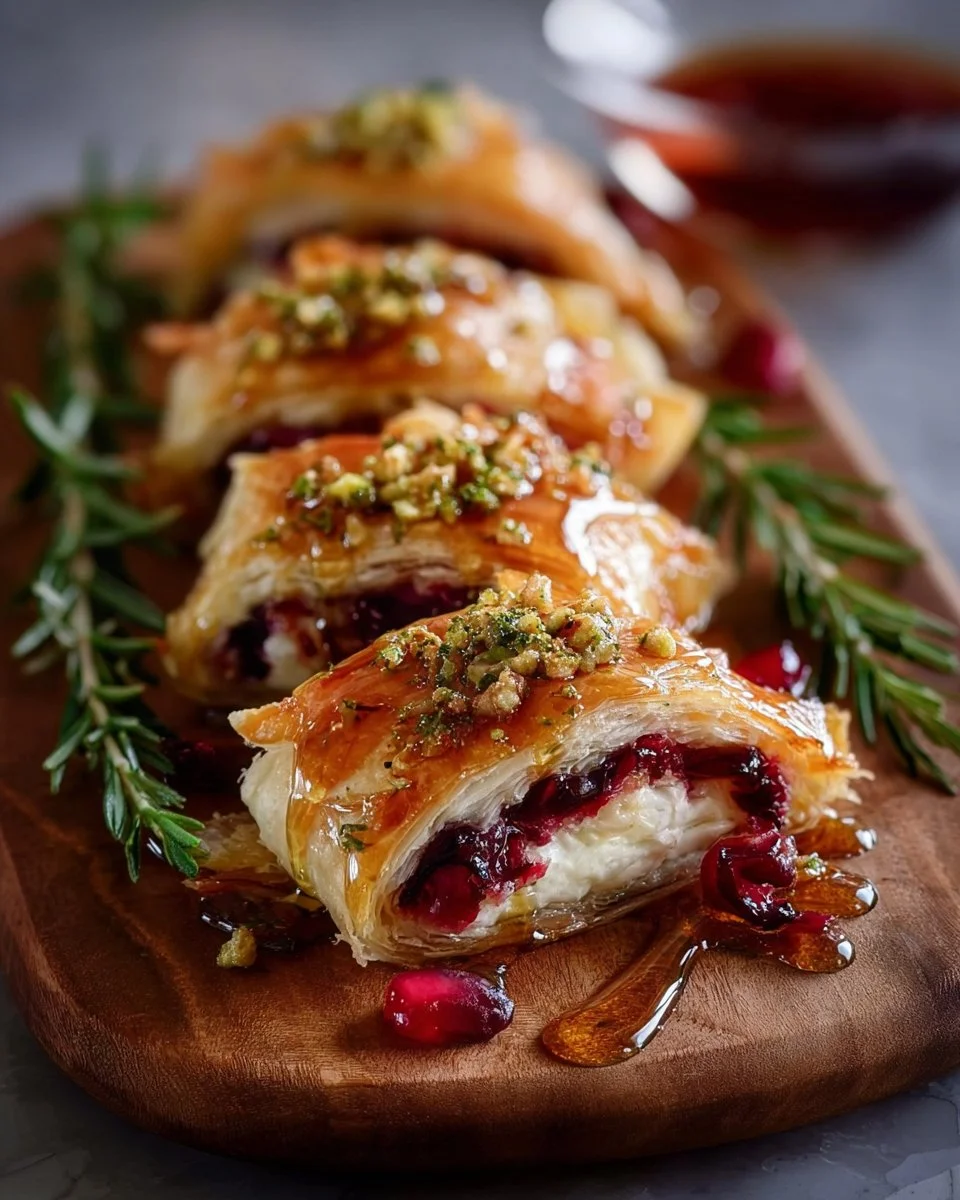 Brie Rotolo with cranberries and rosemary honey drizzle on a plate.